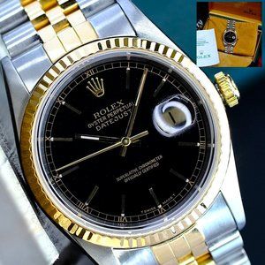 ROLEX MENS DATEJUST WATCH GOLD STEEL BLACK DIAL FLUTED AUTOMATIC 36MM 16233